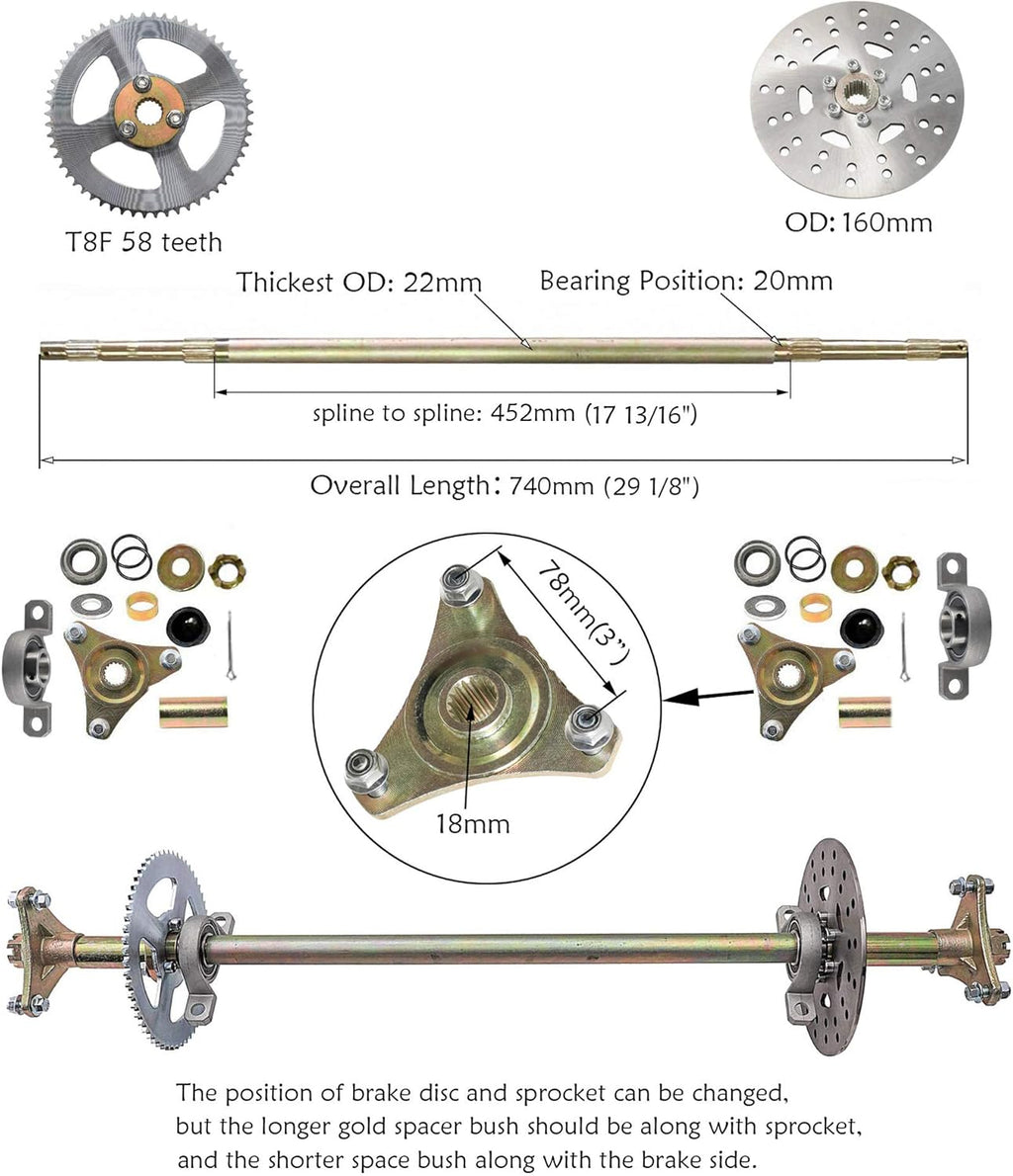 Rear Axle Assembly Complete Wheel Hub Kit with 6" Wheel Tires Rim Brake Assembly Chain for Go Kart Quad Trike Drift Bikes C168
