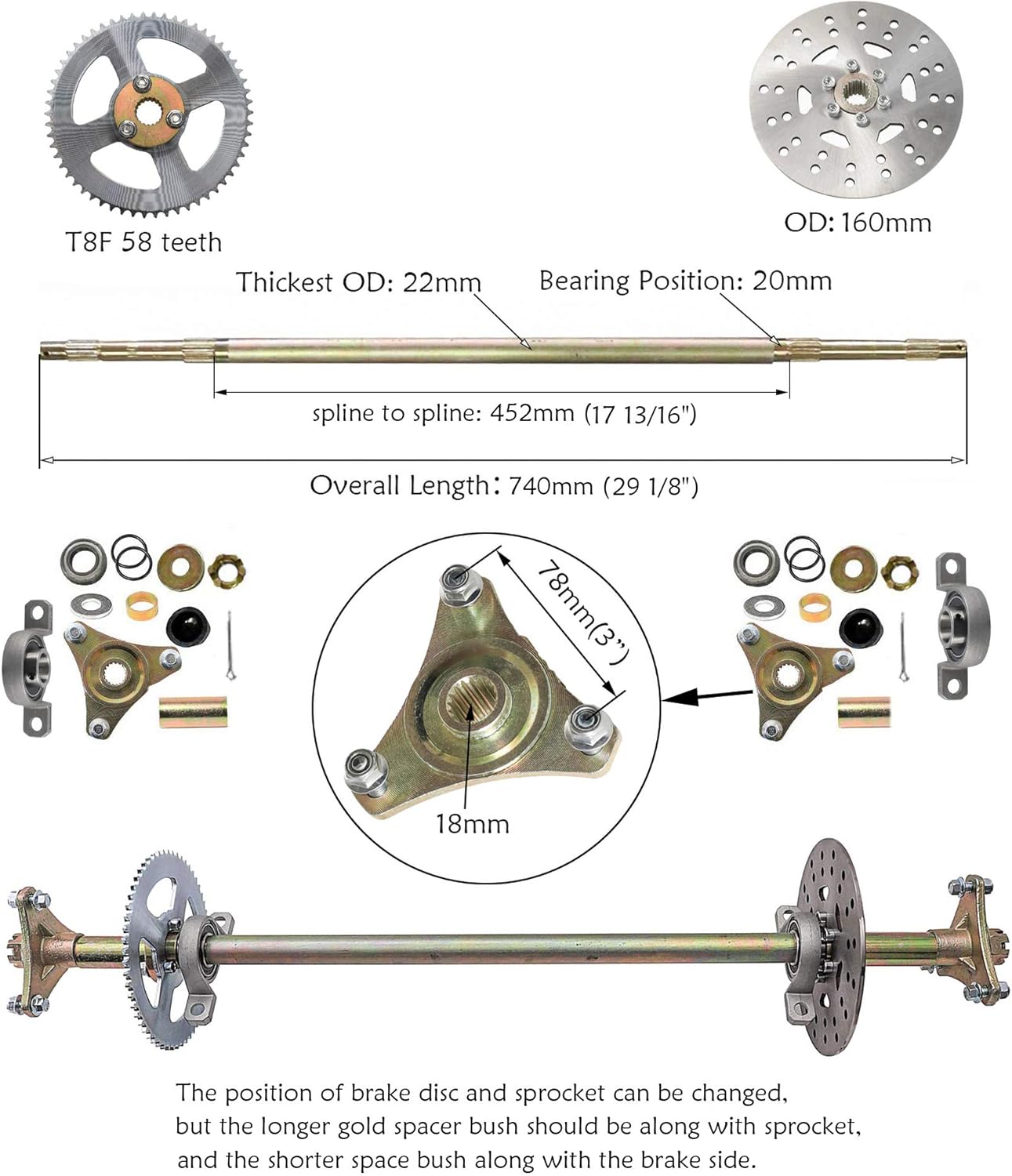 Rear Axle Assembly Complete Wheel Hub Kit with 6" Wheel Tires Rim Brake Assembly Chain for Go Kart Quad Trike Drift Bikes C168