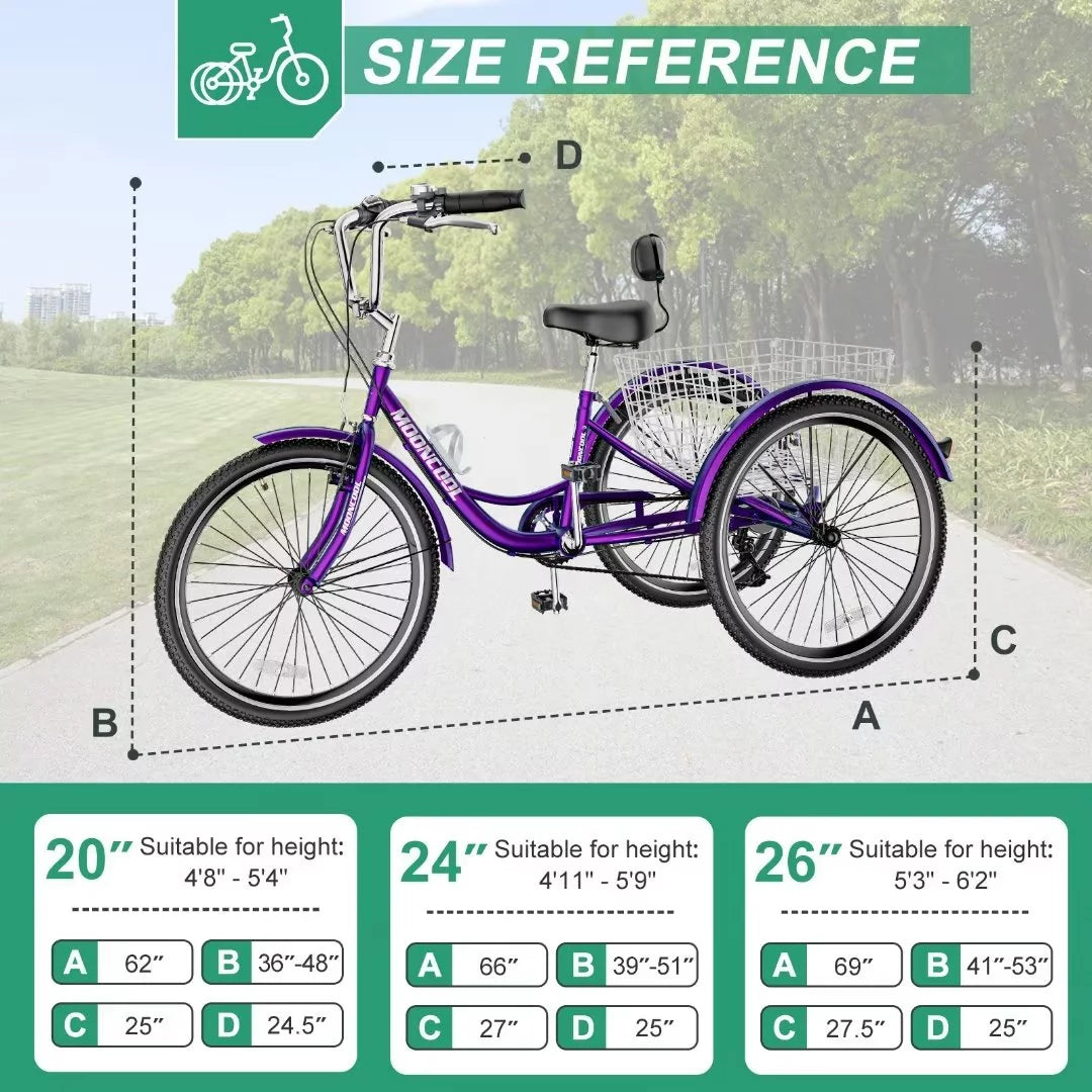 24Inch Adult Electric Tricycles 3 Wheel Electric Bike, 15.5 mph 500W Electric Trikes, 7-Speed, 36V Removable Lithium Battery B6401