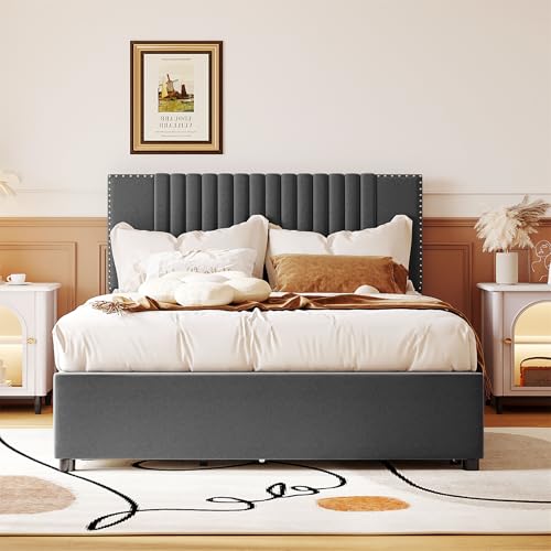 Beige Linen Upholstered Platform Bed Frame with Twin XL Trundle and 2 Drawers D3887