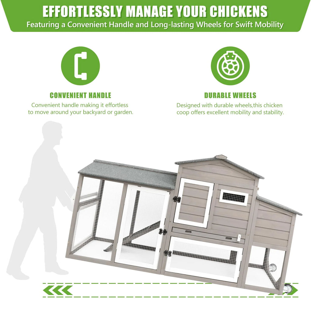 Large Chicken Coop with Wheels, Wooden Hen House, 2 Story Poultry Cage with Nesting Box and Pull Out Trays G804495