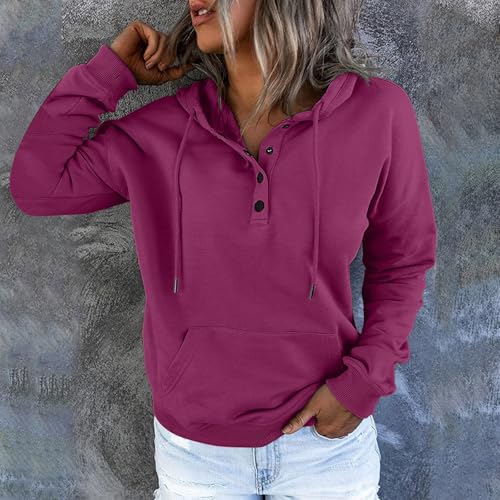 Long Sleeve Button V Neck Drawstring Pullover Hoodie N379