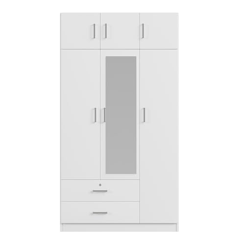 White 3 Doors Wooden Wardrobe with 2 Drawers and Top Cabinet N3080