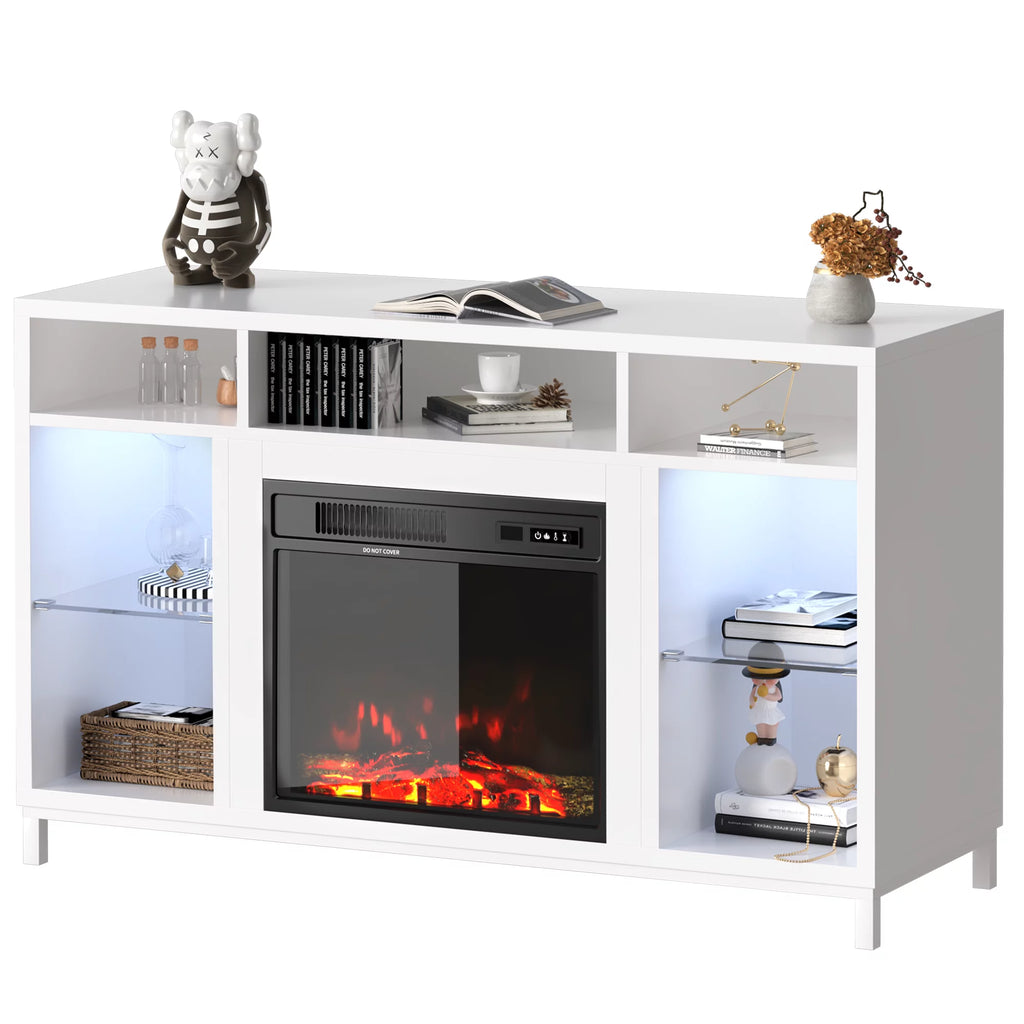 White Fireplace TV Stand with 18" Electric Fireplace and Adjustable Glass Shelves V876