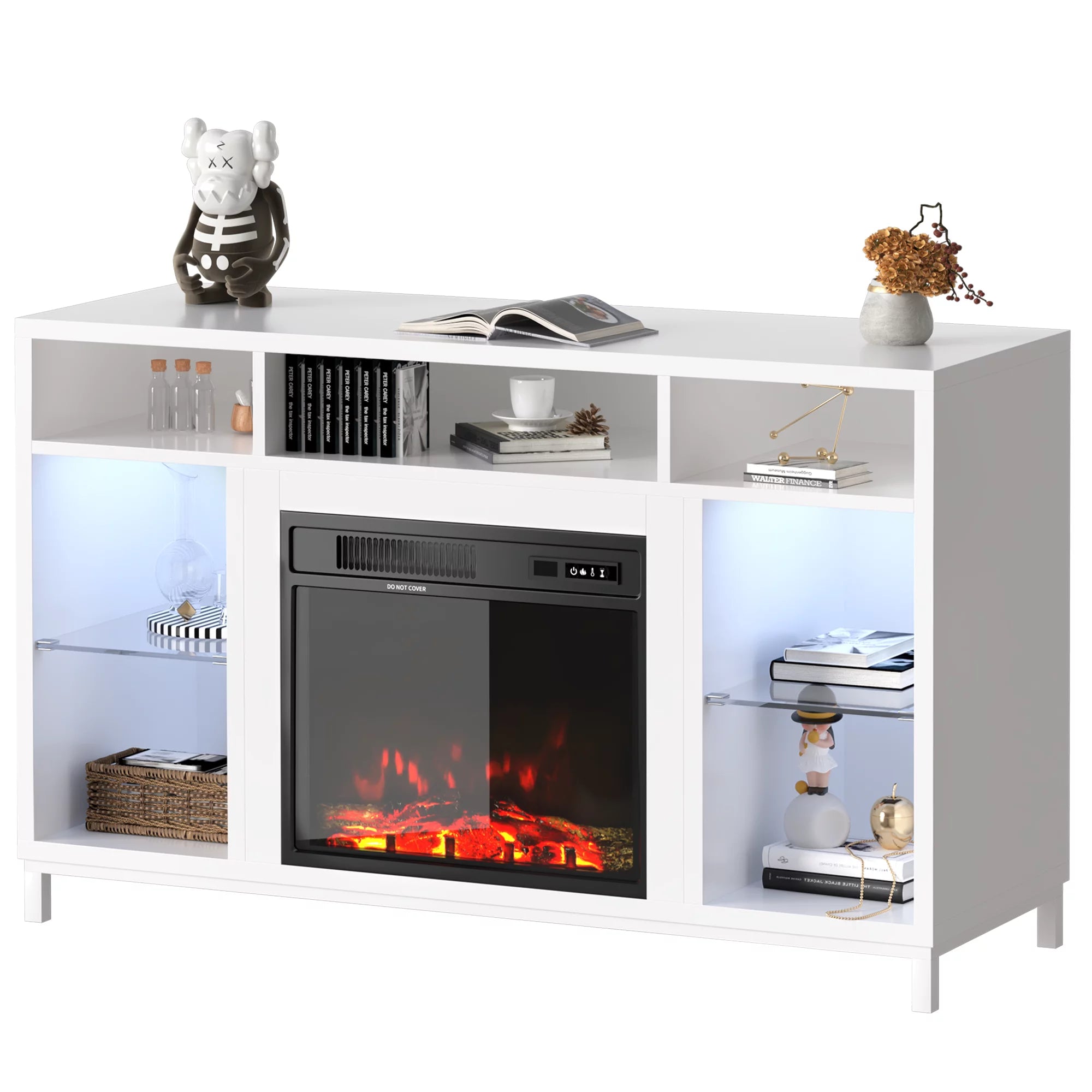 White Fireplace TV Stand with 18" Electric Fireplace and Adjustable Glass Shelves V876