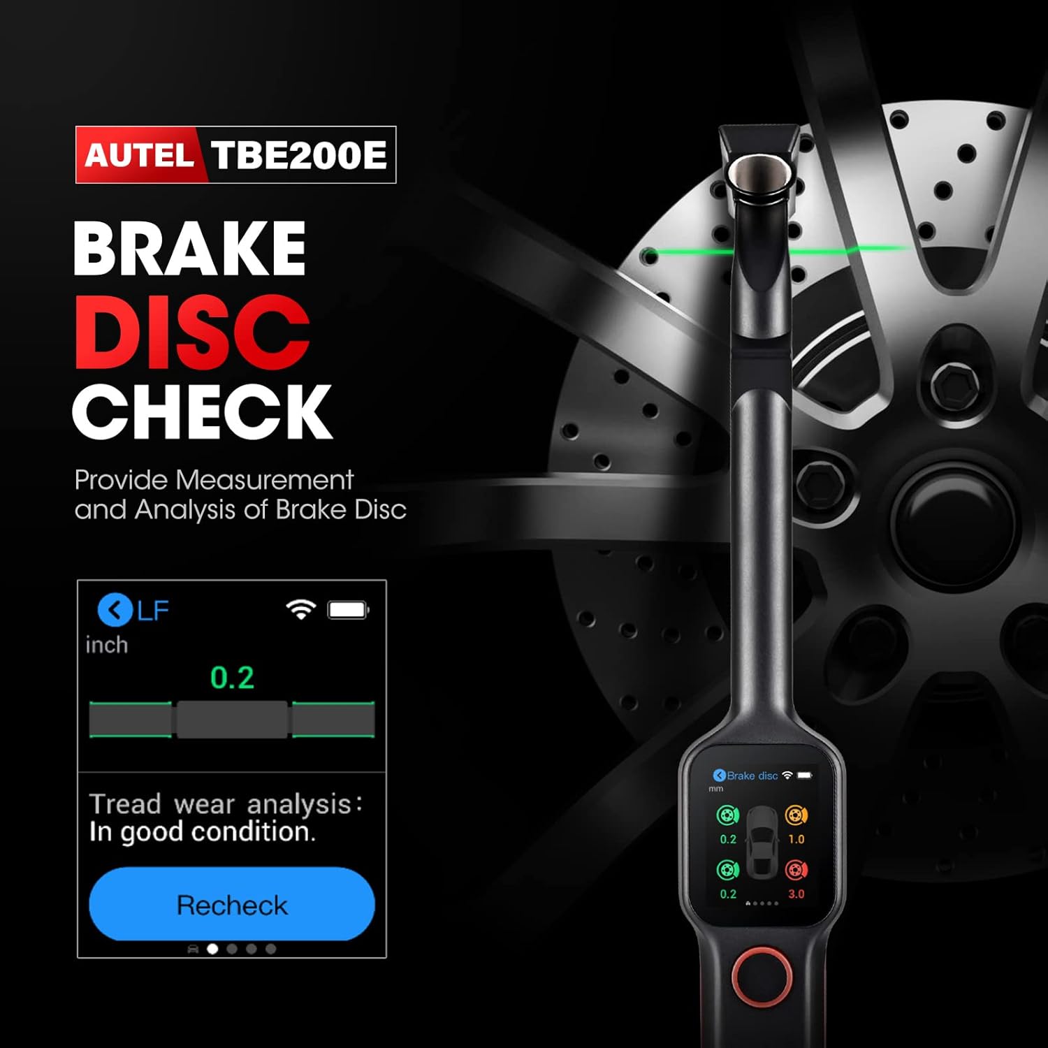 Tire Tread Depth Scan Tool Brake Disc Wear Scanner with 1.65” AMOLED Touchscreen Dual Cameras DOT Scan C88121