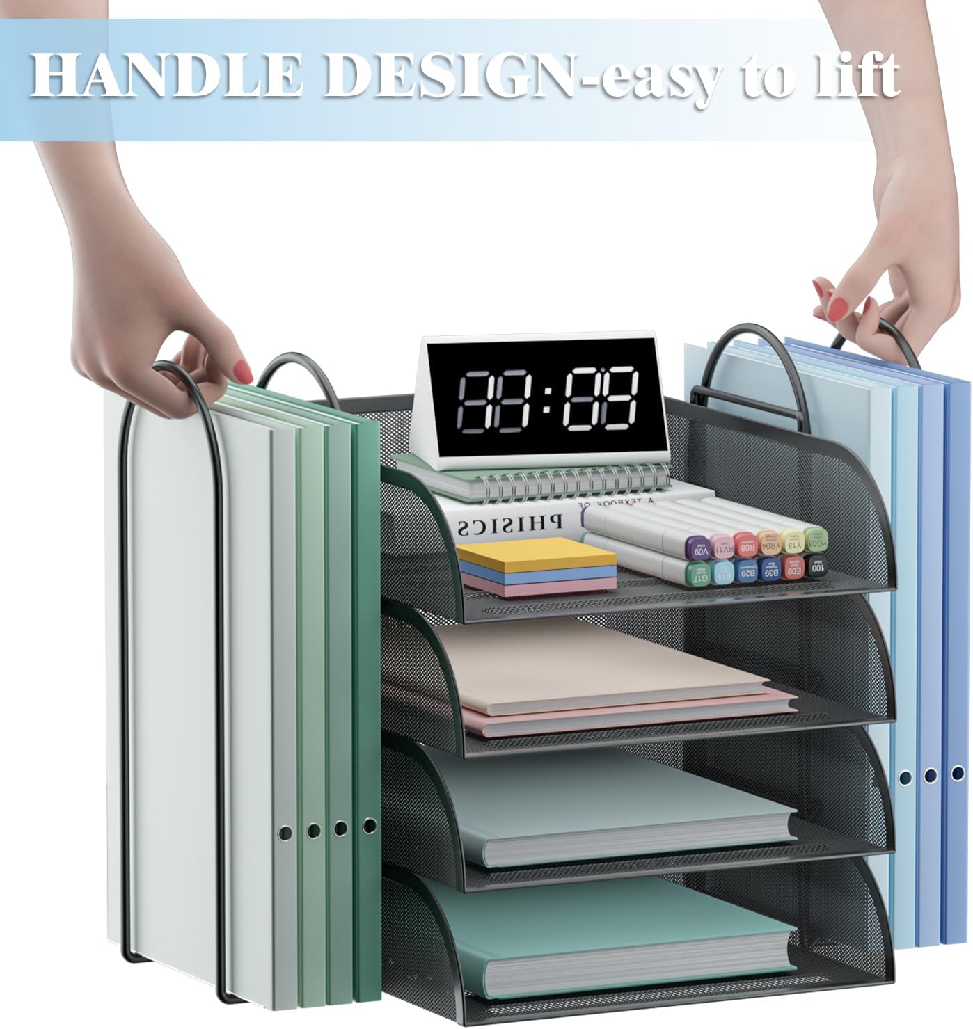 Black 4 Tier Stackable Mesh Desk Organizer with File Holder S2114
