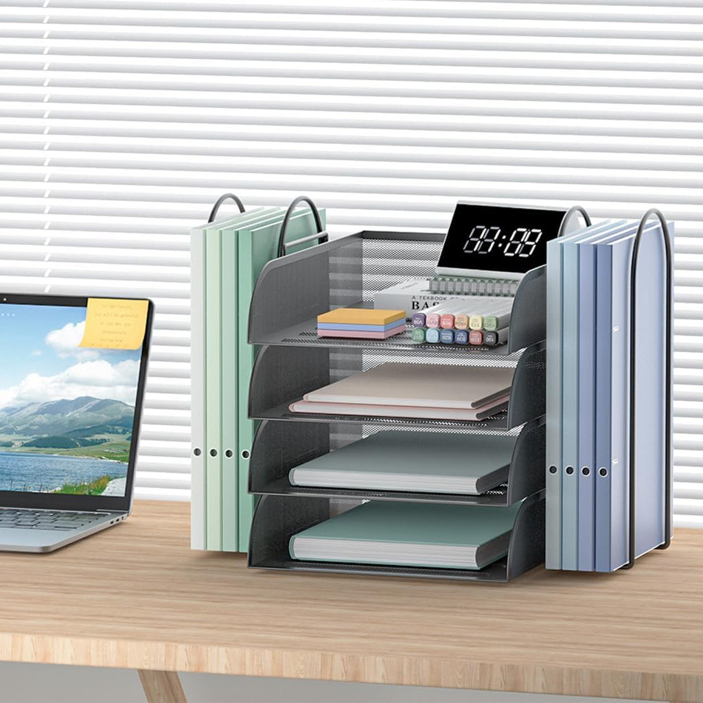 Black 4 Tier Stackable Mesh Desk Organizer with File Holder S2114