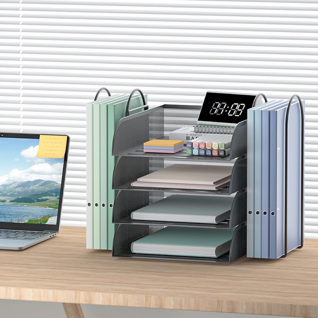 Black 4 Tier Stackable Mesh Desk Organizer with File Holder S2114