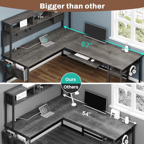 Black L Shaped Gaming Desk with Power Outlet and Pegboard U905