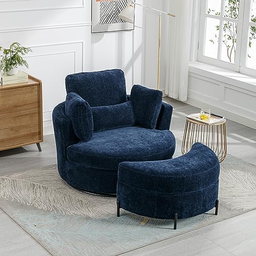 Oversized Swivel Accent Barrel Chair with Storage Ottoman and 4 Pillow, Terracotta Chenille M6680