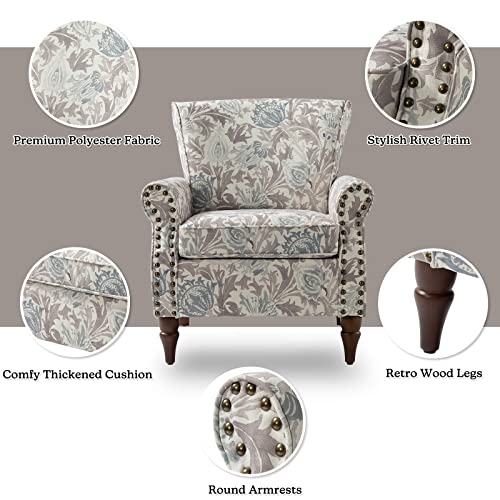 Pink Floral Pattern Wingback Accent Chair with Wood Legs & Removable Cushion T95045