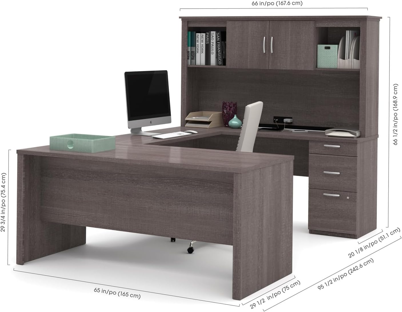 U-Shaped Executive Desk with Pedestal and Hutch in bark grey P72672