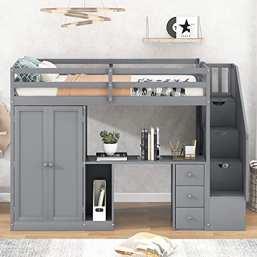 Twin Size Solid Wood Loft Bed with Desk and Stairs H201