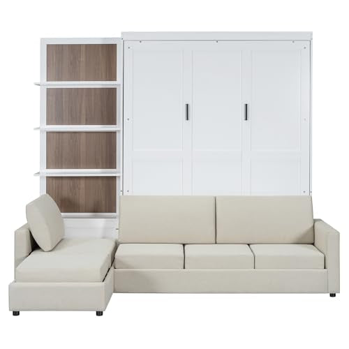 Queen Size Wood Murphy Bed with Sofa and Shelves, White K404134