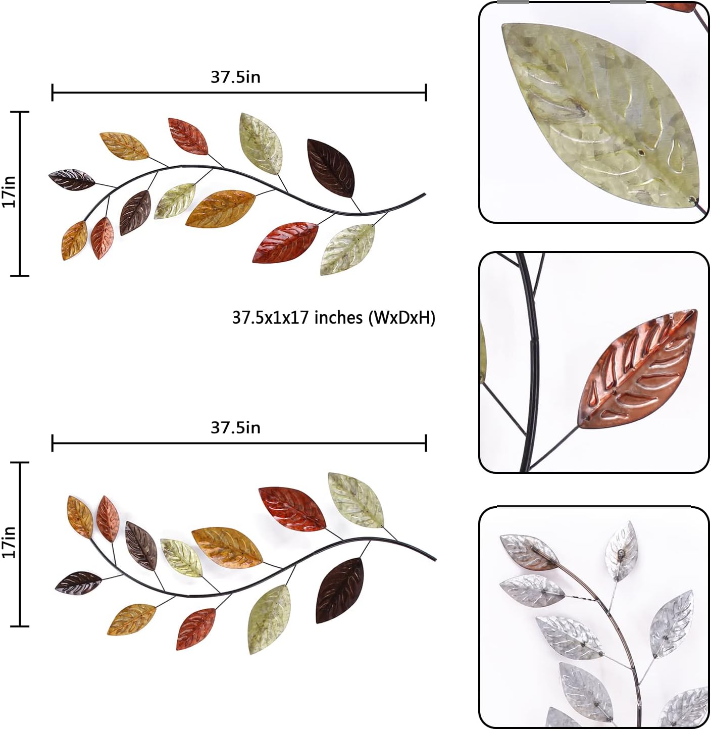 Set of 2 Metal Leaf Wall Hanging Art Decor, 38 Inch Iron Olive Branch Home Sculptures A251812