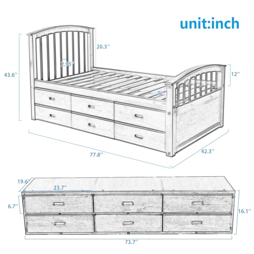 White Solid Wood Twin Platform Bed with 6 Drawers P664085