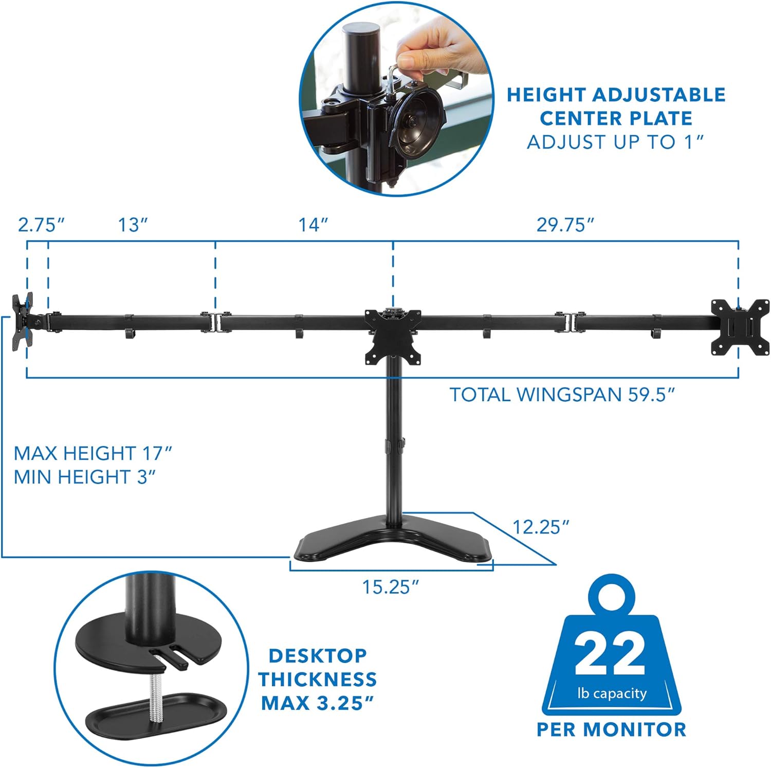 Triple Monitor Stand Freestanding Computer Desk Mount for 27 Inch Monitors VESA 75 100 M2378