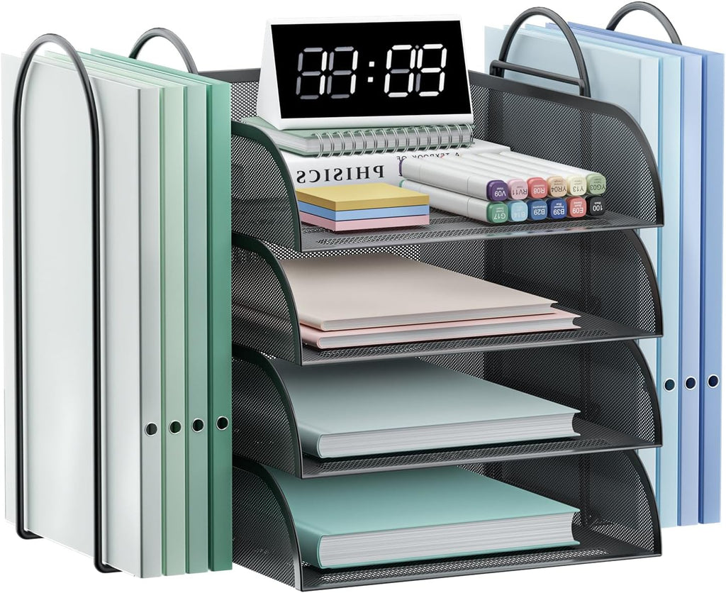Black 4 Tier Stackable Mesh Desk Organizer with File Holder S2114