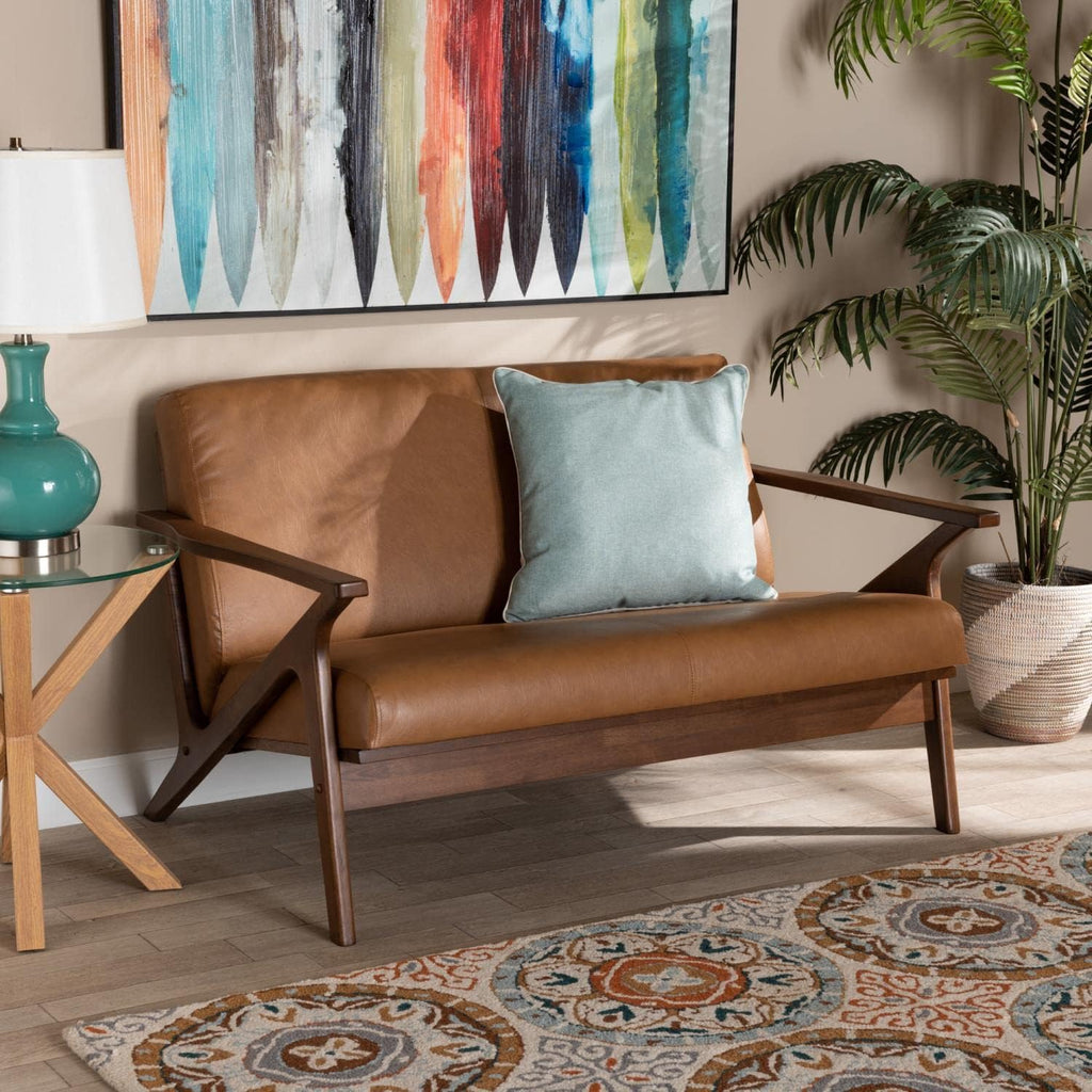 Walnut Brown Wood and Tan Faux Leather Loveseat M398