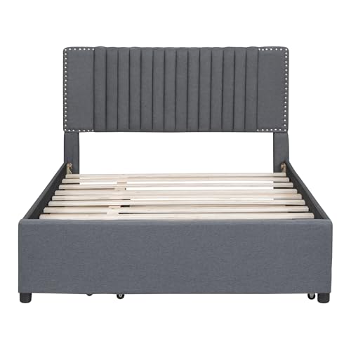 Beige Linen Upholstered Platform Bed Frame with Twin XL Trundle and 2 Drawers D3887