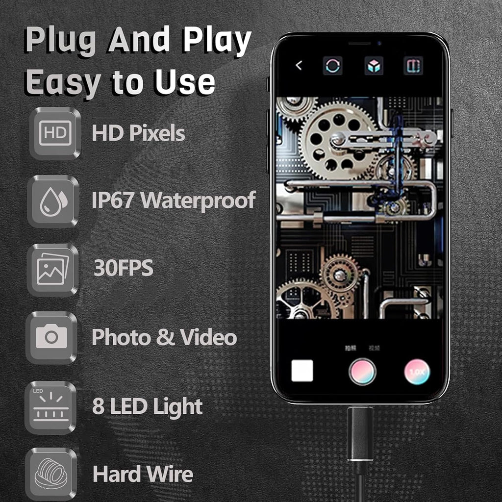 1920P HD Borescope with 8 Adjustable LED Lights, 16.4ft Semi-Rigid Cord, 7.9mm Industrial Endoscope S519327