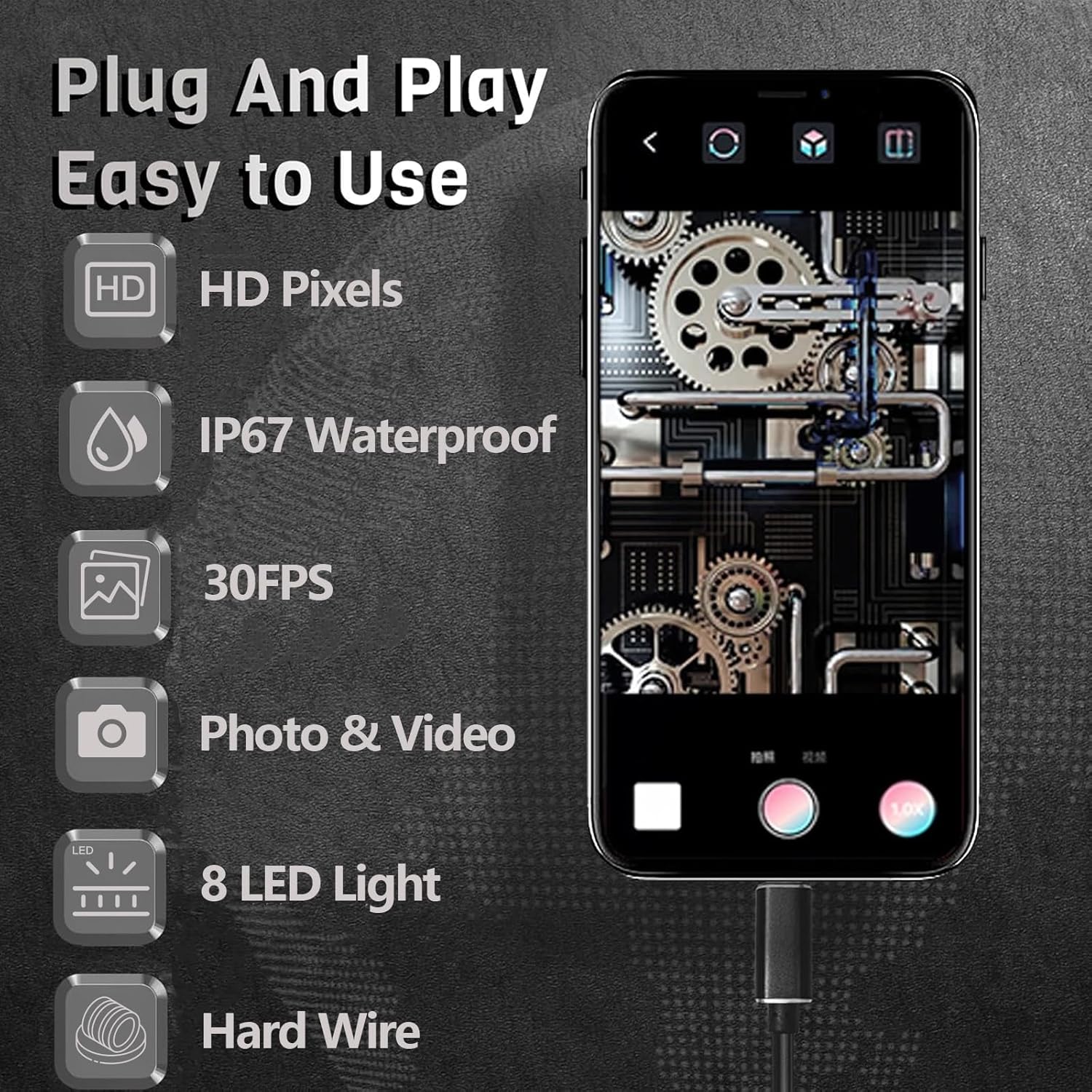 1920P HD Borescope with 8 Adjustable LED Lights, 16.4ft Semi-Rigid Cord, 7.9mm Industrial Endoscope S519327