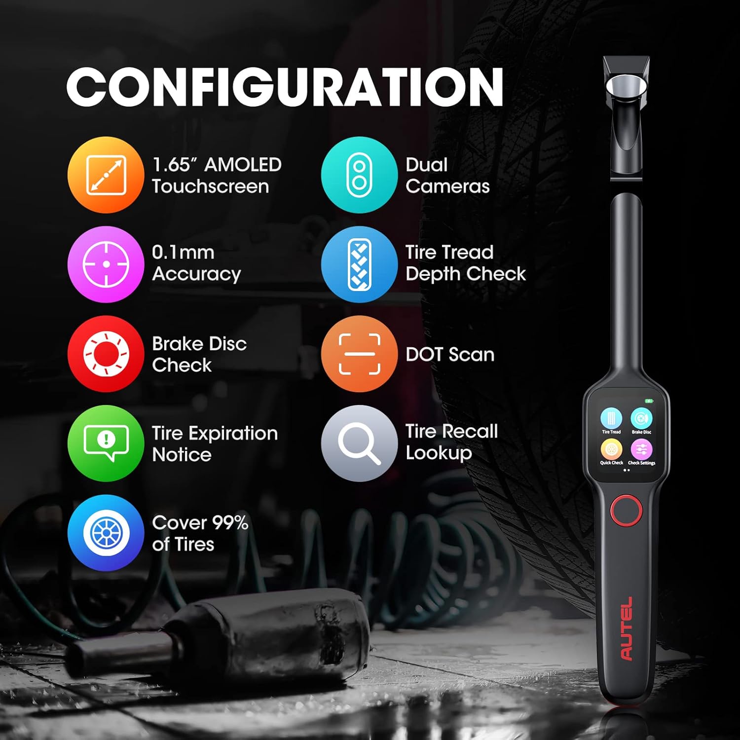Tire Tread Depth Scan Tool Brake Disc Wear Scanner with 1.65” AMOLED Touchscreen Dual Cameras DOT Scan C88121