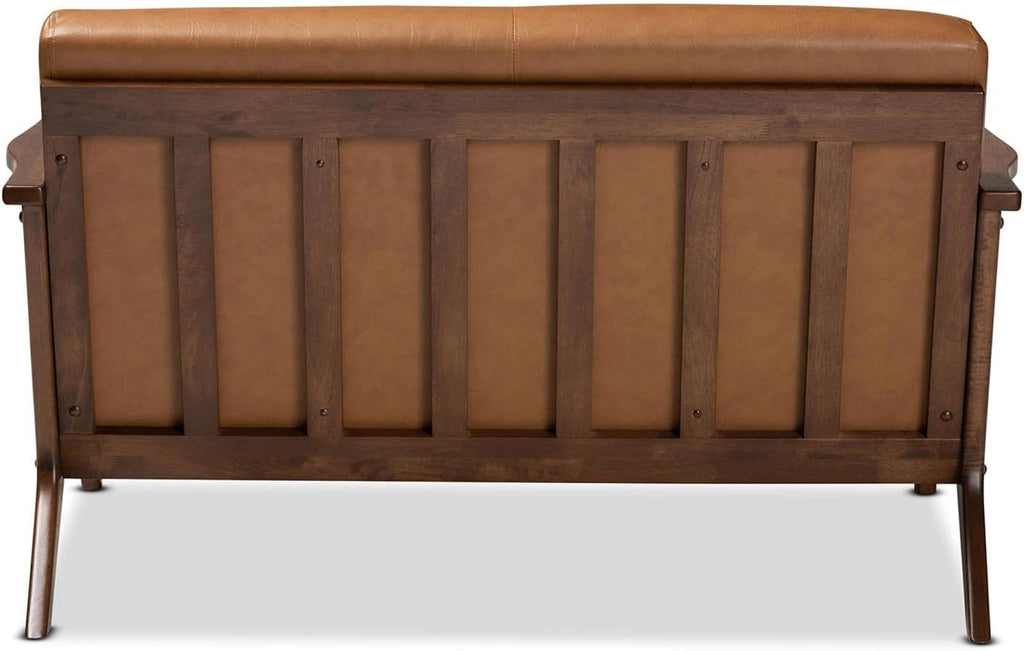 Walnut Brown Wood and Tan Faux Leather Loveseat M398