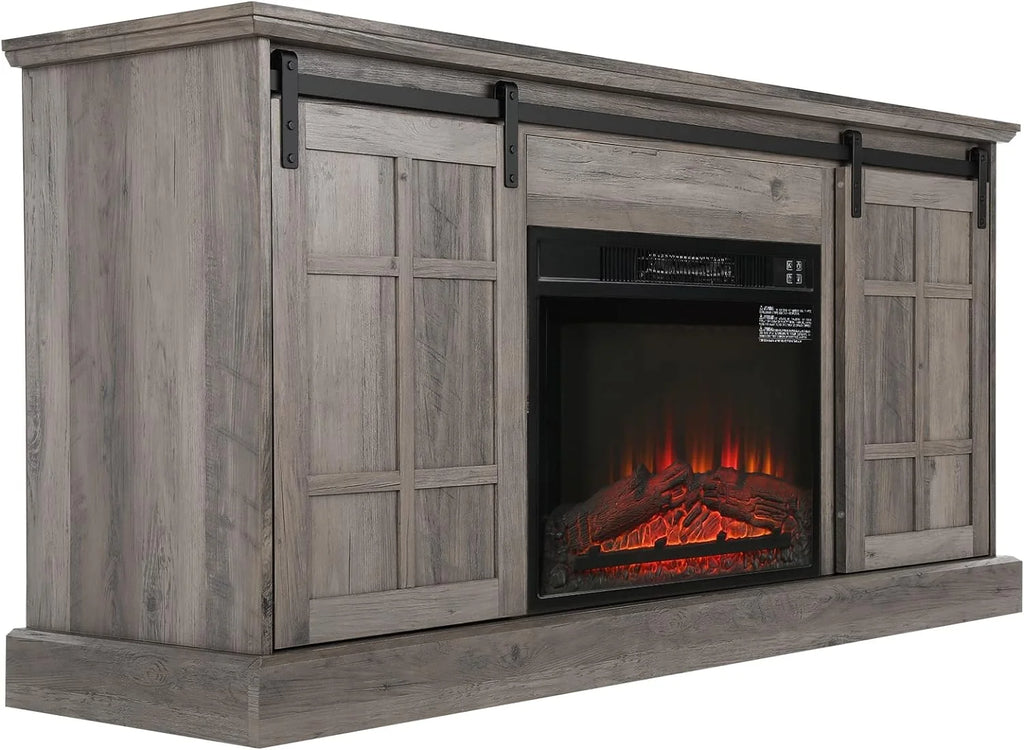 Gray Wash Farmhouse TV Stand with Electric Fireplace E7581