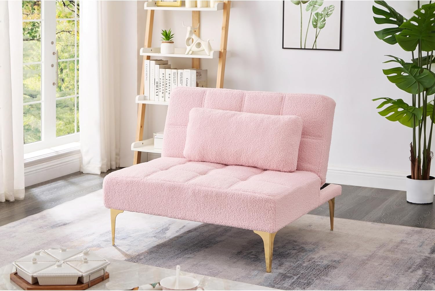 Pink Chevron Solid Felt Wood Down Fill Cushions Manual Recline Single Sofa Bed Futon Chair Lounger P1406