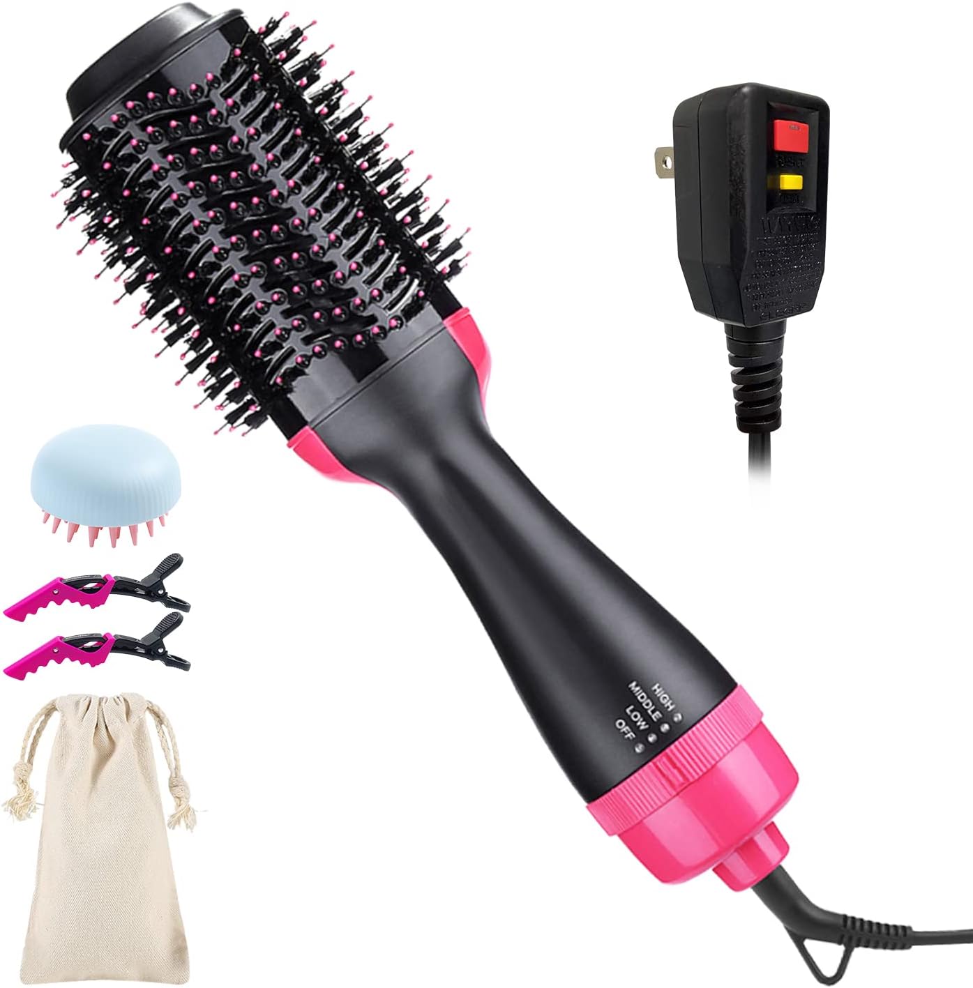 4 in 1 Negative Ion Hot Air Hair Dryer Brush with Hair Clips Massage Comb and Storage Bag K34677