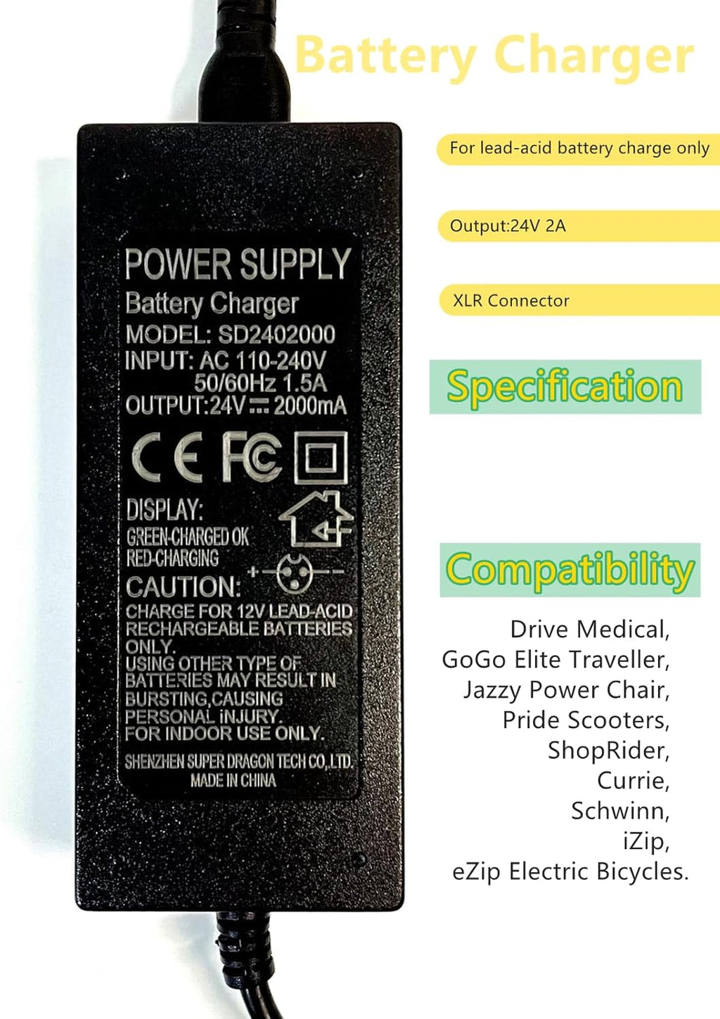 24V 2A Battery Charger with 3-Pin XLR Connector M426