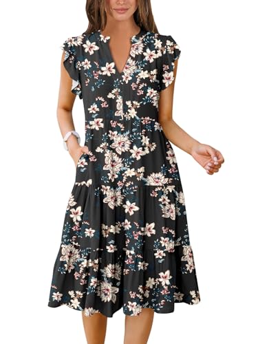 Womens Ruffle Sleeve V Neck Midi Dress Flowy Tiered Boho Sundress H8628