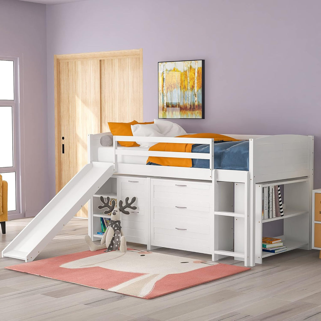White Twin Low Loft Bed with Slide Storage Cabinets Drawers Shelves L219