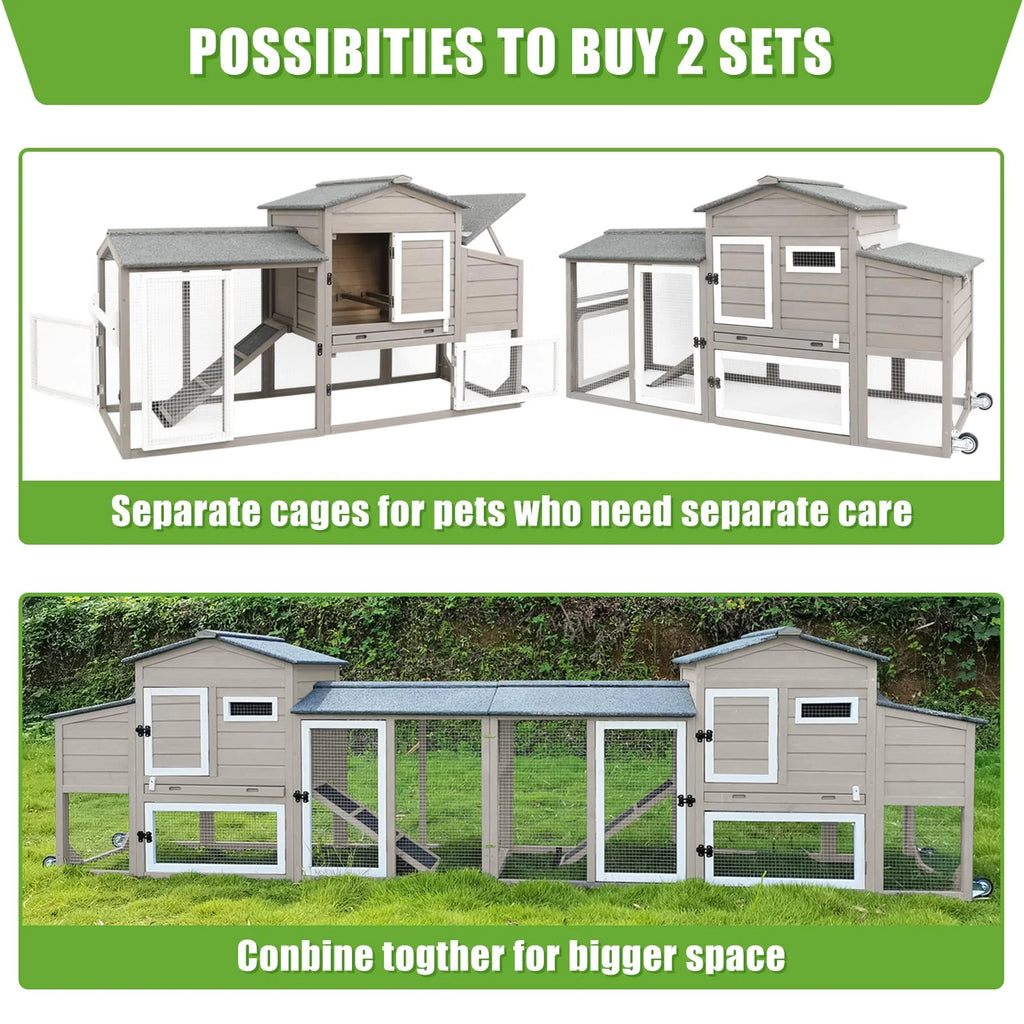 Large Chicken Coop with Wheels, Wooden Hen House, 2 Story Poultry Cage with Nesting Box and Pull Out Trays G804495