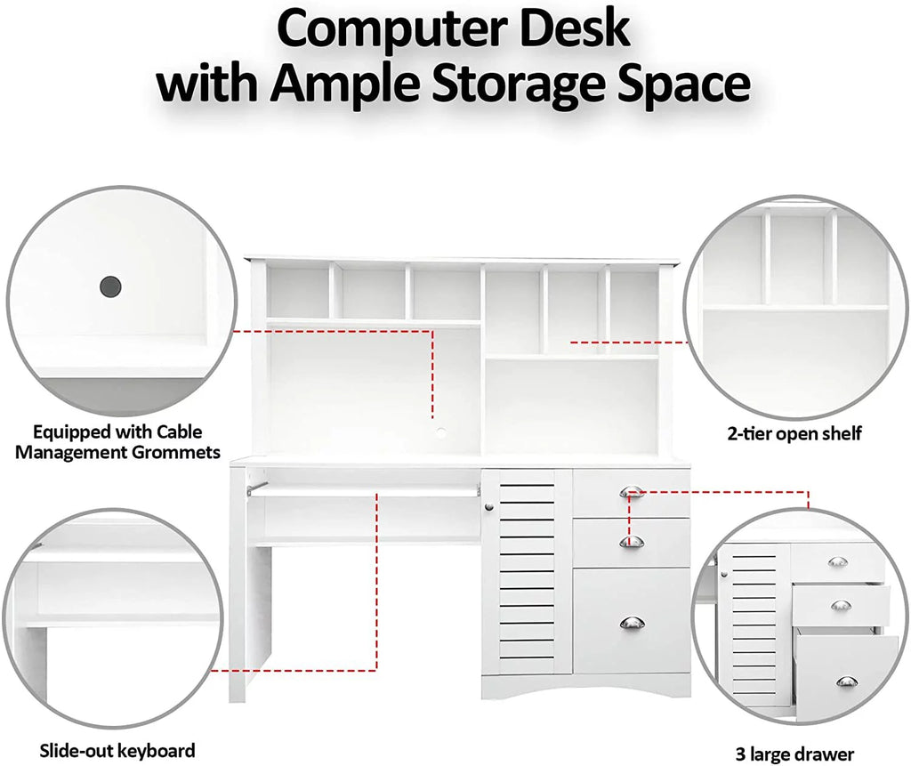 Antiqued White Computer Desk With Hutch And Keyboard Drawer L5052