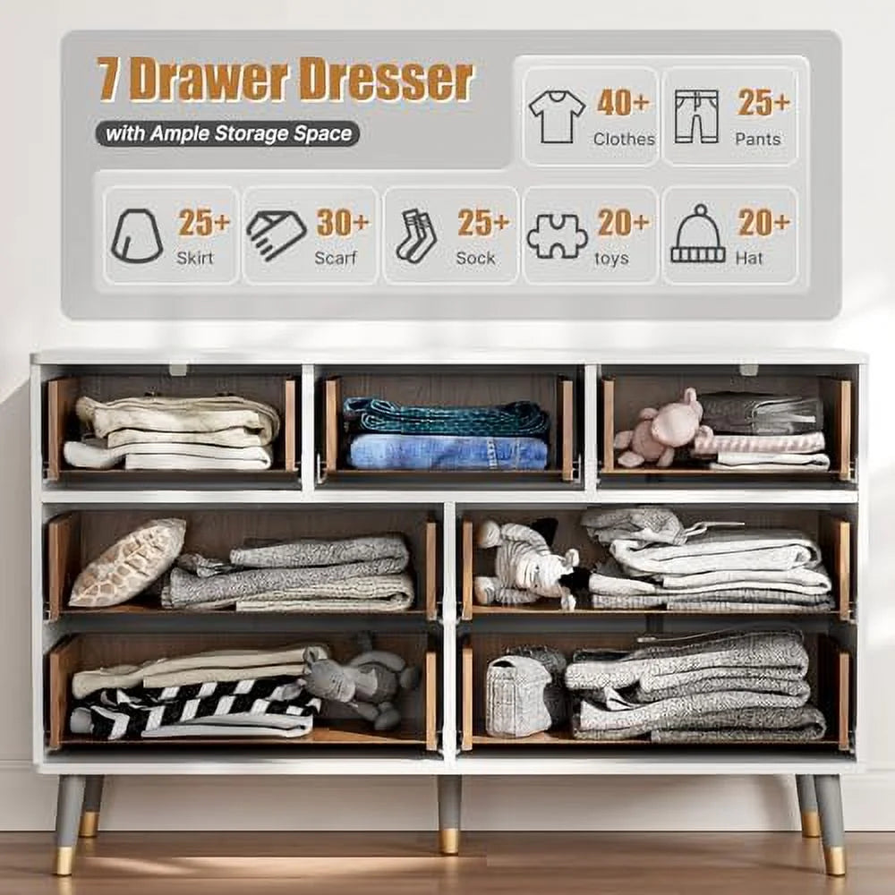7 Drawer White Gold Wood Dresser V278043