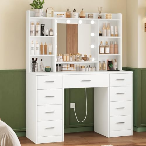 White Vanity Desk with 9 Drawers and Mirror L5872