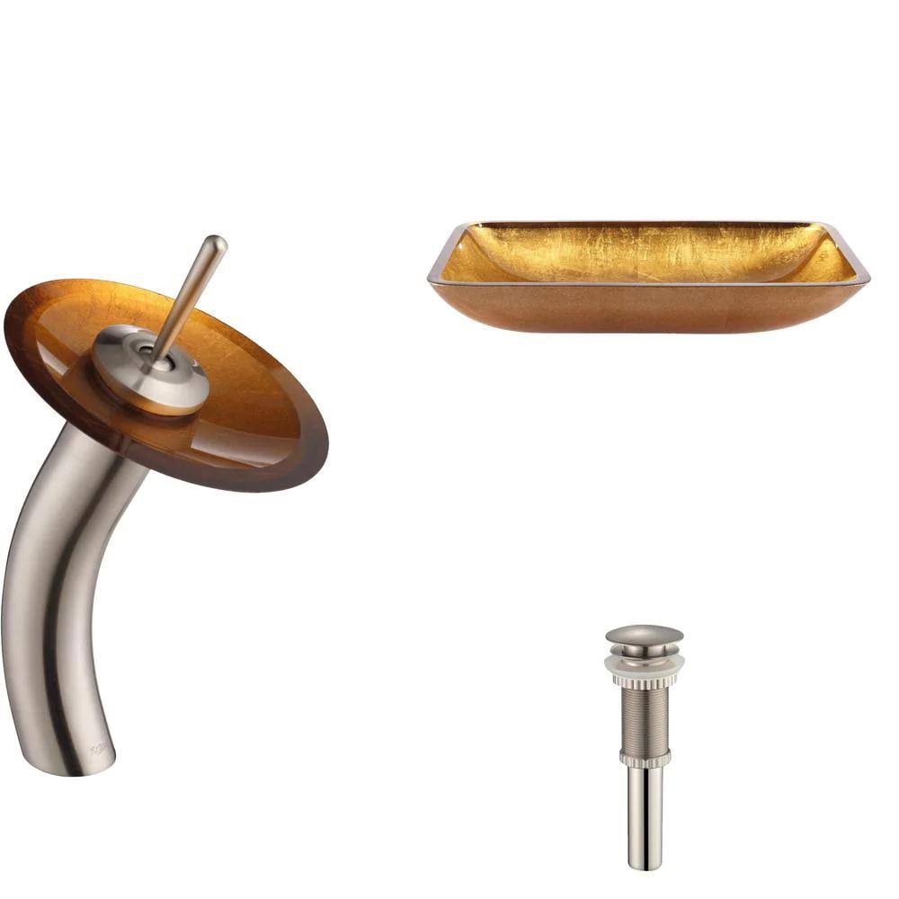 Golden Pearl Rectangular Glass Vessel Sink and Waterfall Faucet J67653