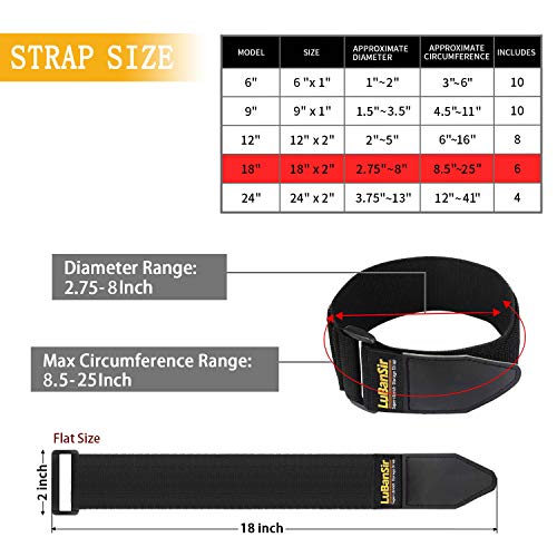 Black 2" x 18" (6 Pack) Elastic Hook and Loop Storage Straps with Buckle N36356