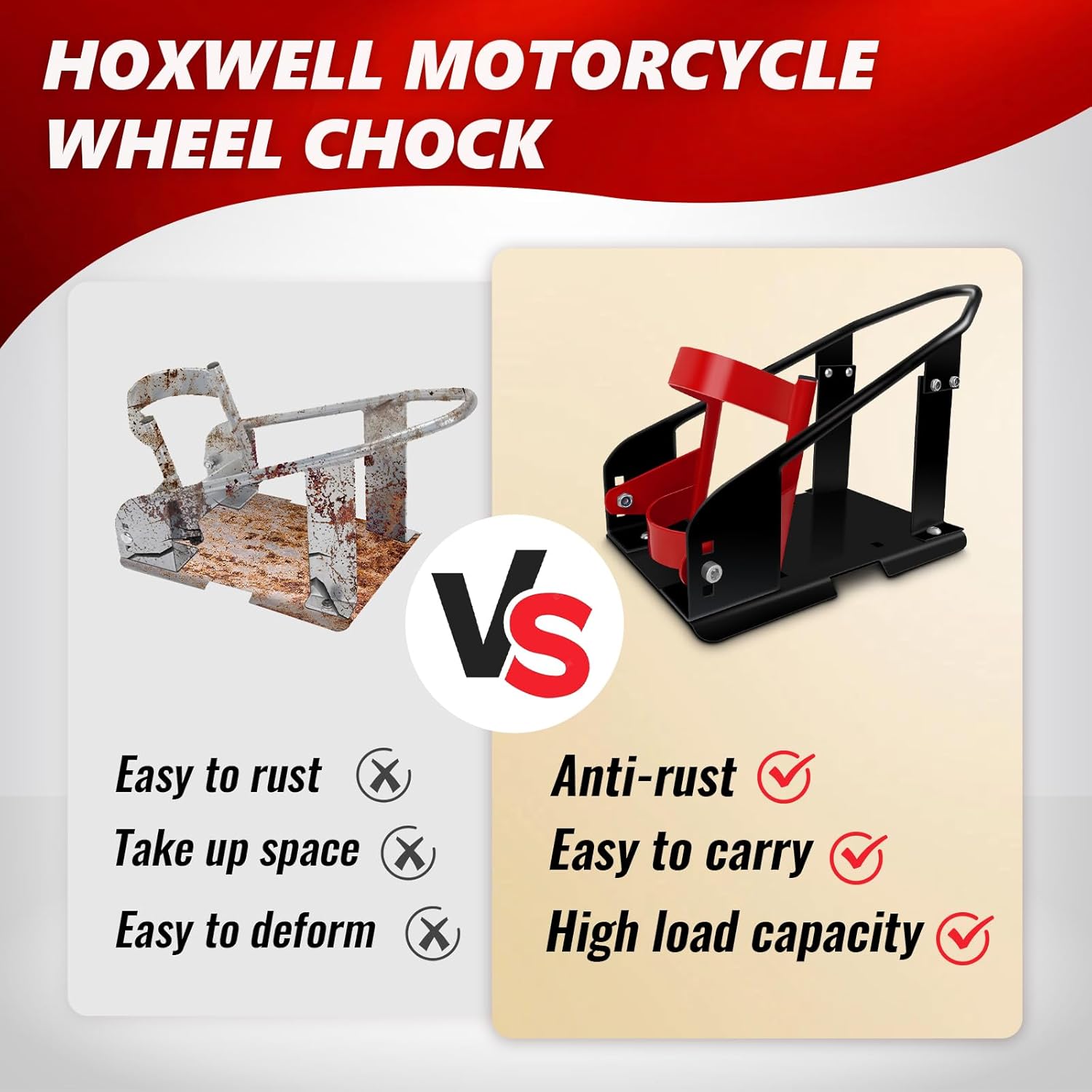 Heavy Duty Steel Motorcycle Wheel Chock, 1800 lbs Capacity Wheel Cradle Holder, Front Wheel Stand with 3 Adjustable Height Holes H132