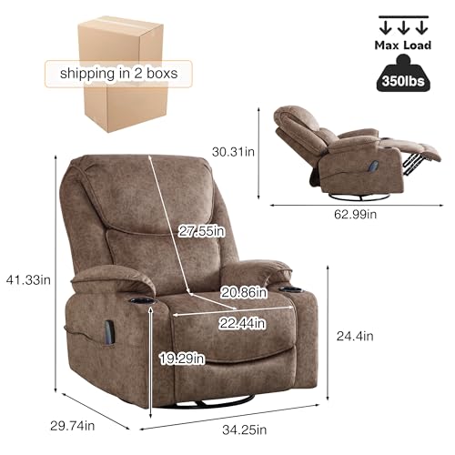 Oversized Dark Brown Power Reclining Leather Chair with Cup Holders and USB Port E5945