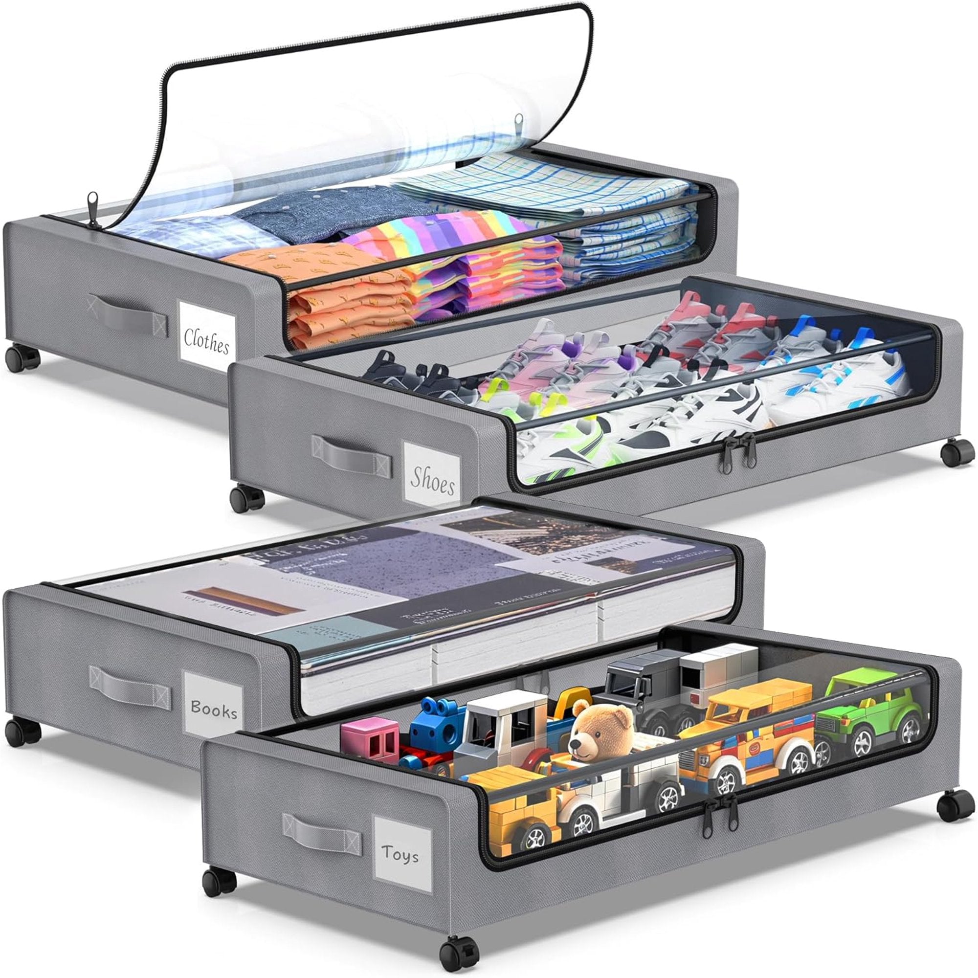 Gray 4-Pack 60L Under Bed Storage Bins with Wheels and Clear Lids U879