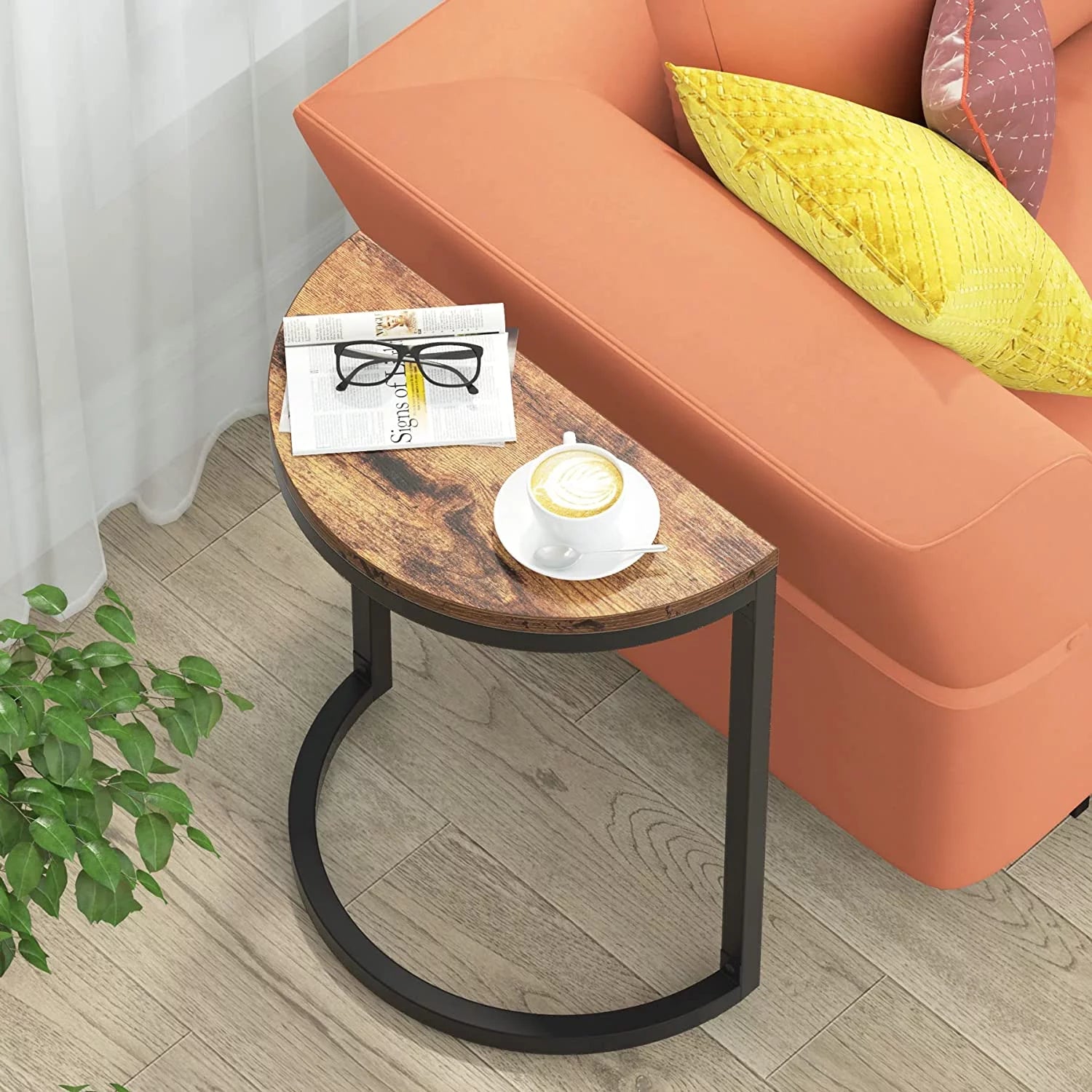 Wood End Table Half Round with Metal Frame, Brown (1PC) K2216