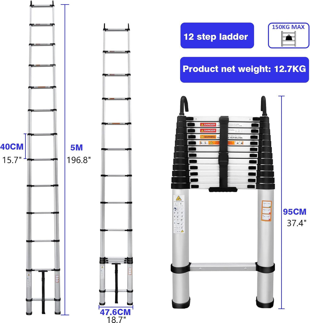 16FT Aluminum Telescoping Extension Ladder with Roof Hooks N884