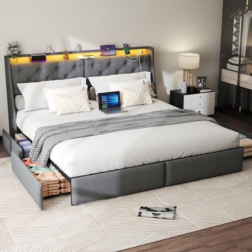 Gray Queen Upholstered Platform Bed Frame with 2 Storage Drawers and LED Light D12587