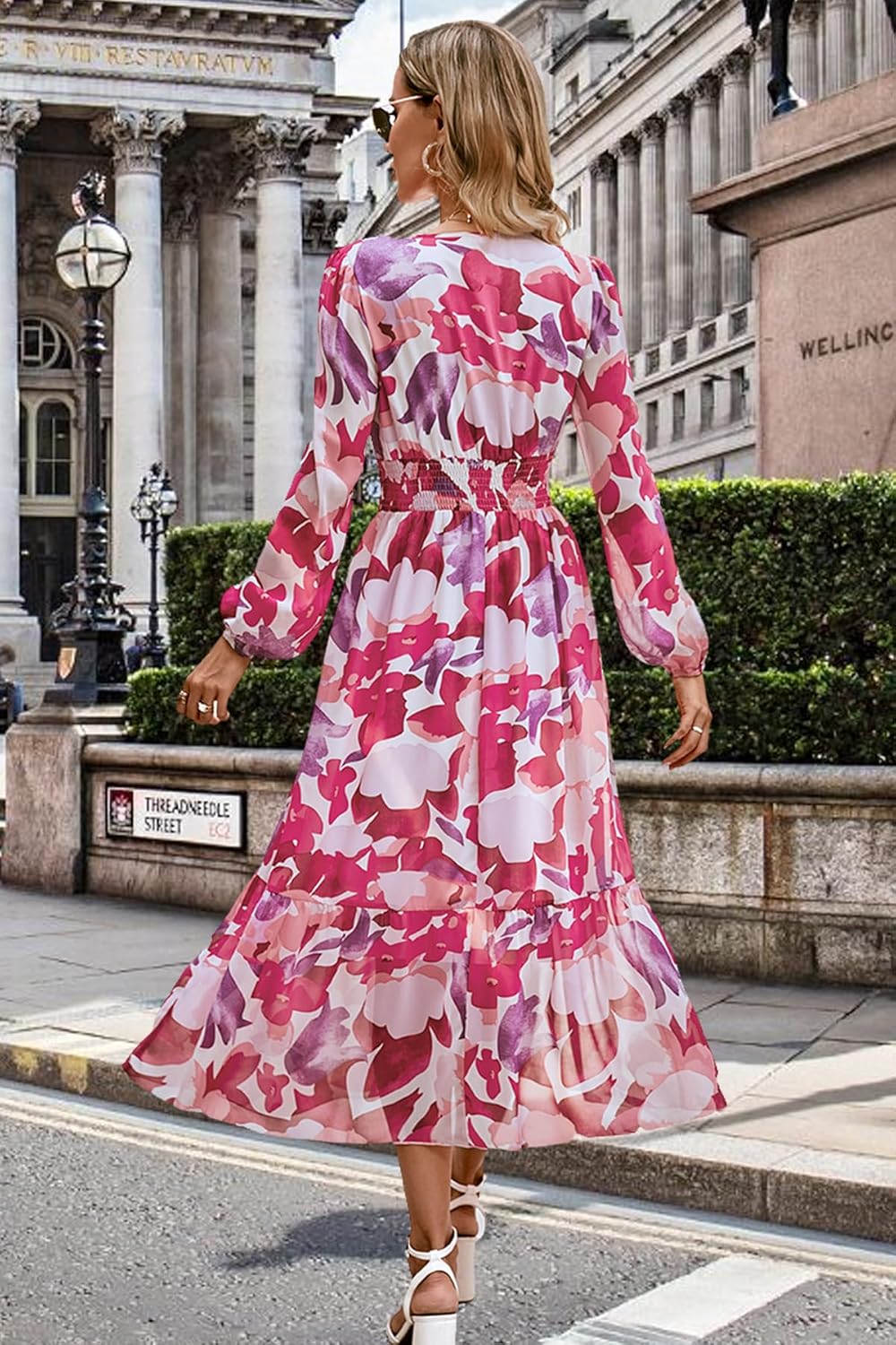 Rose V Neck Long Sleeve Wrap Maxi Dress Chiffon A871864