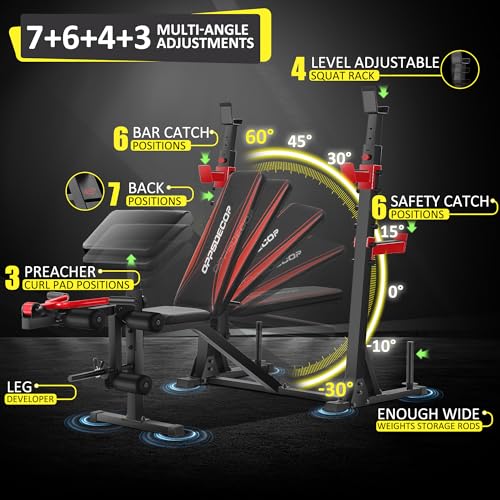 Professional Olympic Weight Bench Set with Squat Rack Adjustable Bench Press with Leg Extension and Curl Heavy-Duty Bench Press Preacher Curl Bench M53484