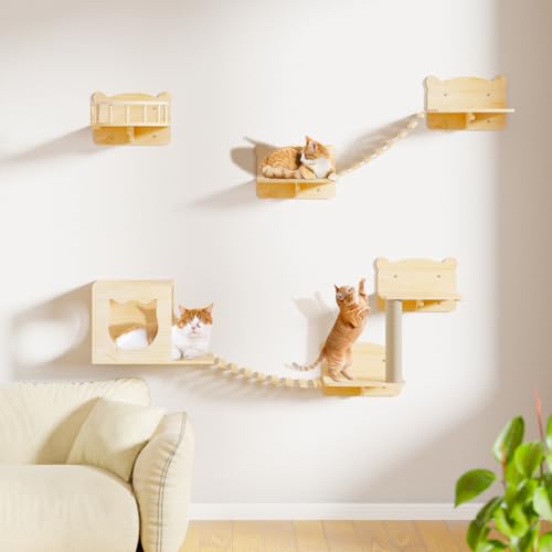 16 Pcs Pine Wooden Cat Wall Shelves with House K63919